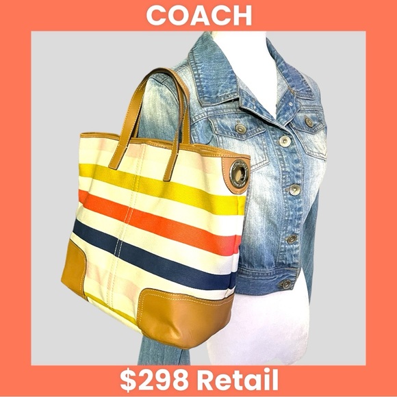 COACH F30041 Hadley Multistripe Canvas/Leather Medium Size Tote Bag EUC - Picture 4 of 12